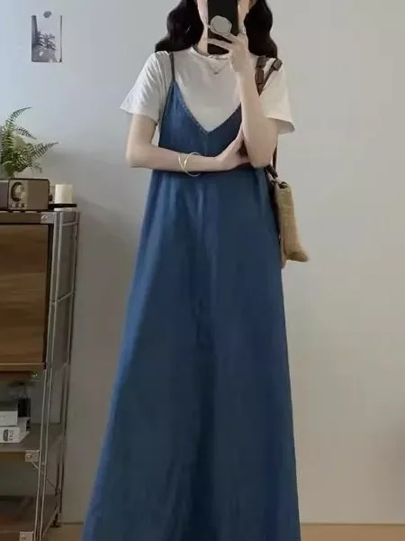 Ensemble deux pièces décontracté et respirant pour femme grande taille 300, en jean, avec T-shirt et jupe longue, coupe ample, idéal pour l'été