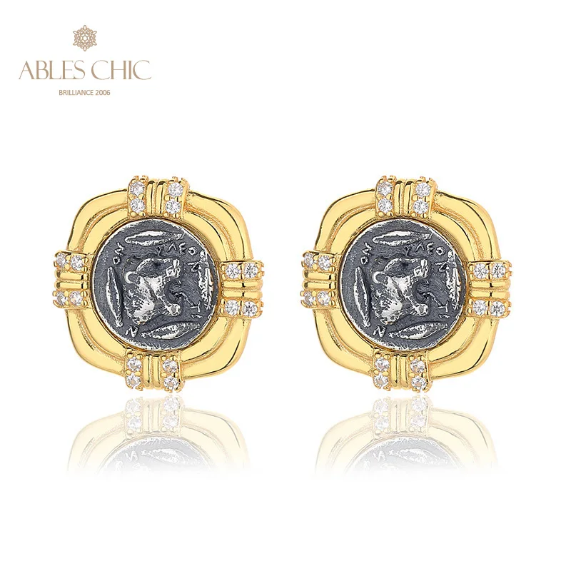 Ables Chic Roaring Lion Greek Coins Solid 925 Silver Roman Coin CZ Accent Stud Earrings E1015