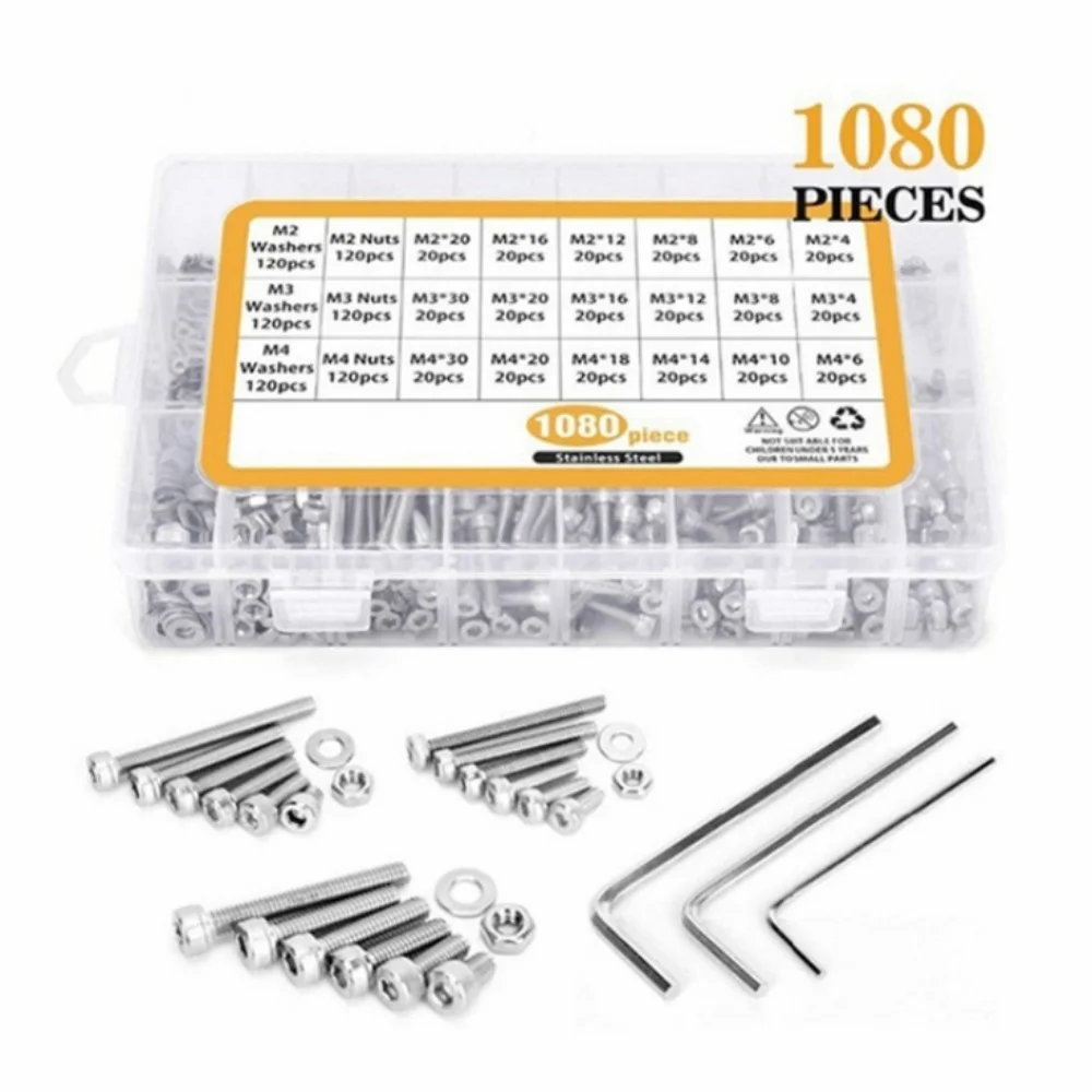

1080 шт., винты с шестигранной головкой и головкой из нержавеющей стали, шестигранная резьба, набор метрических гаек, болтов, набор M3/M4/M5