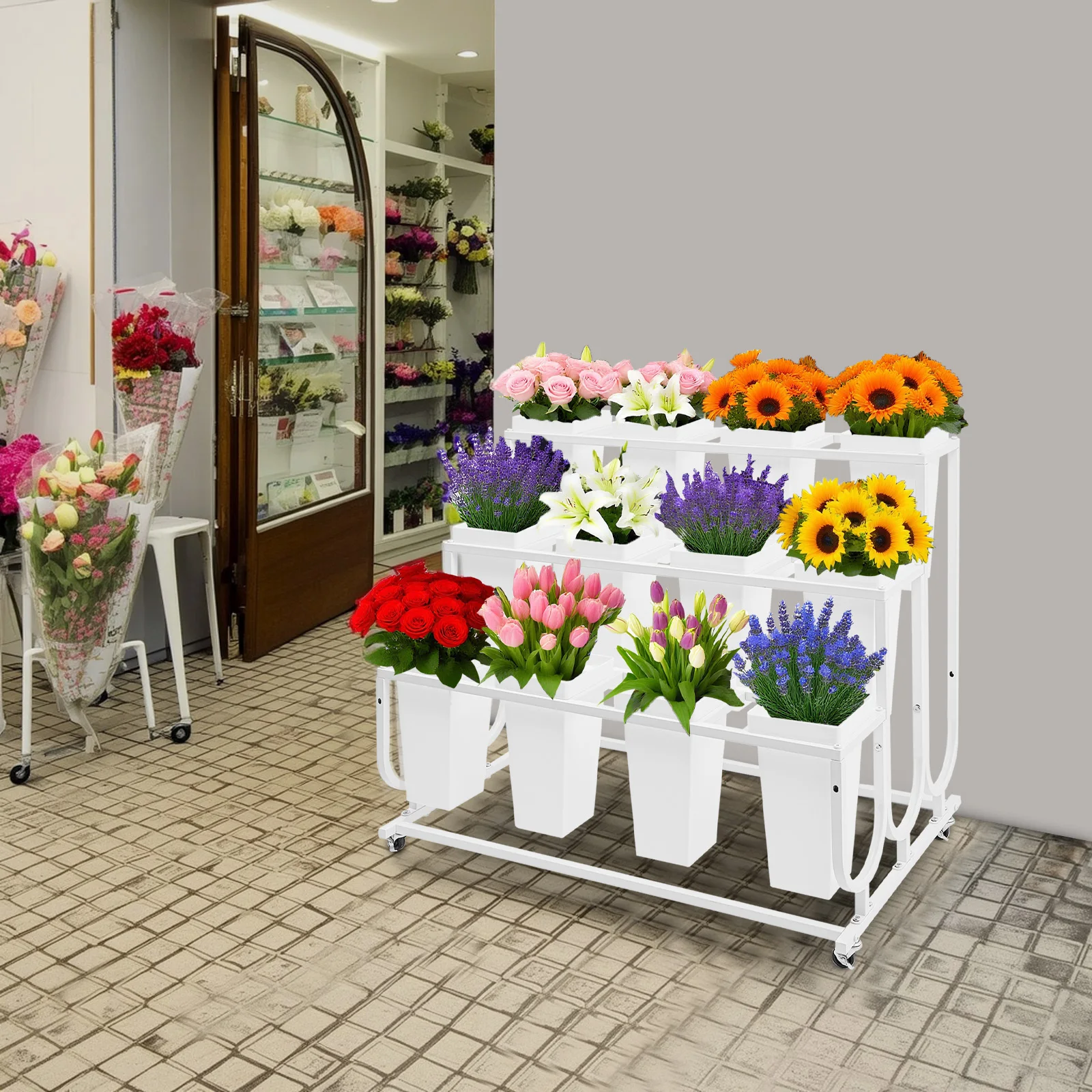 3-Tier Metal Flower Display Stand Movable Plant Stand Floorstanding Flower Rack for Home/Flower Shop/Wedding/Exhibition