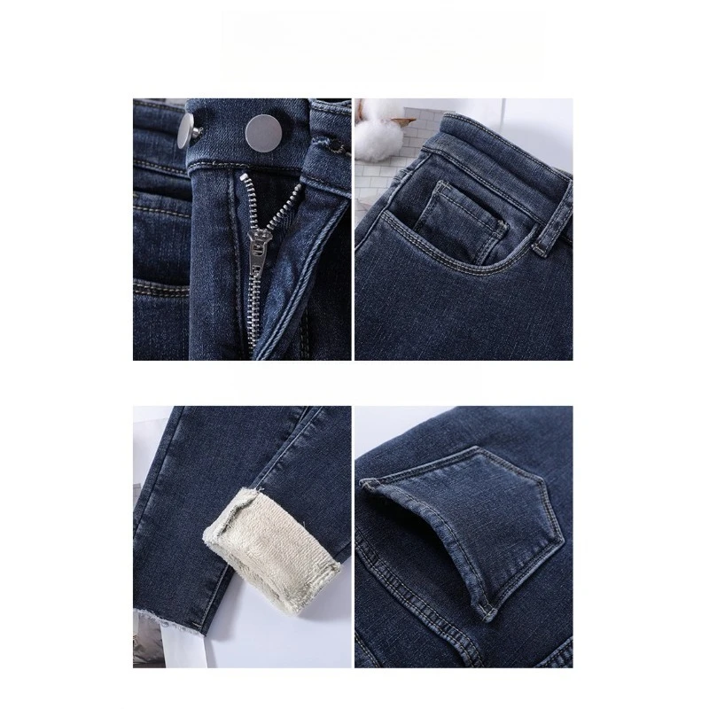 Celana Wanita Model Open Crotch Berbahan Thermal Fleece Jeans Hitam Pinggang Tinggi Slim Fit Stretch Skinny Tapered Celana Musim Dingin Hangat Tebal