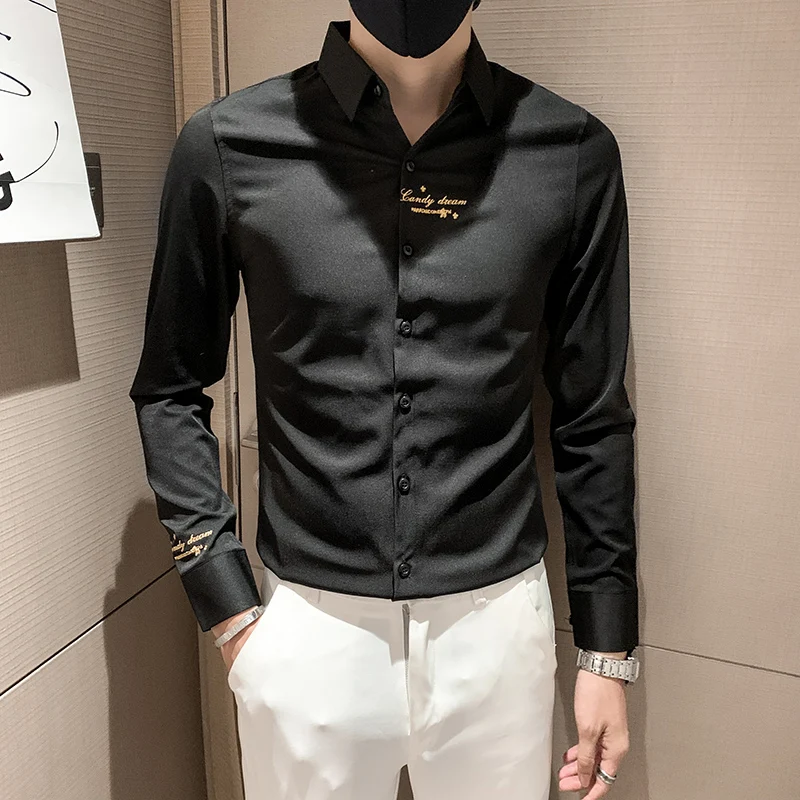 Chemise brodée à manches longues pour hommes, chemise de smoking mince, robe d\'affaires décontractée, noir et blanc, club social, Rh, printemps, 2022