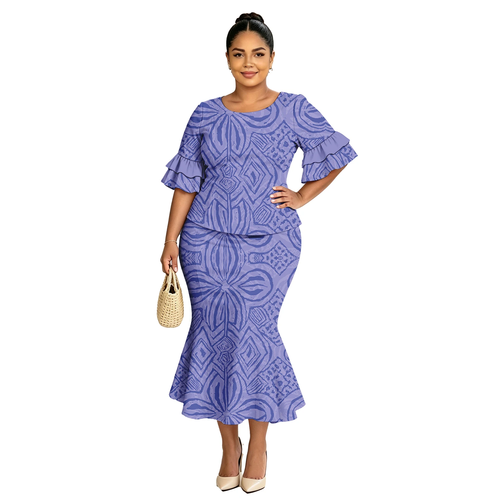 Polynesian Tribal Puletasi Custom Ladies Clothes Formal Cascading Petal Sleeve Top and Fishtail Skirts Women's Samoan Puletasi