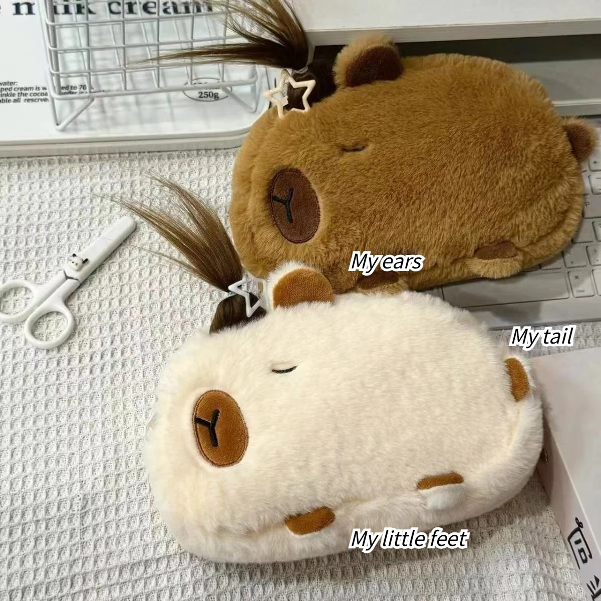 Cute Fluffy Capybara Pencil Case Large Capacity Cartoon Plush Stationery Storage Pouch for School Students