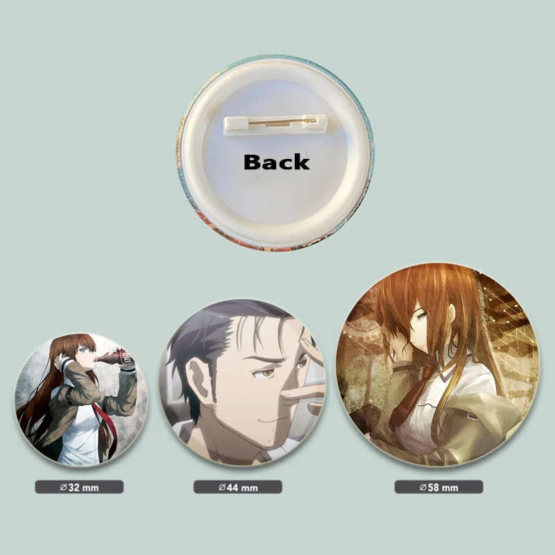 Broches de figuras de Anime Steins Gate de 32/44/58mm, alfileres esmaltados hechos a mano, insignia de Cosplay para Collar, mochila, sombrero, regalos de decoración