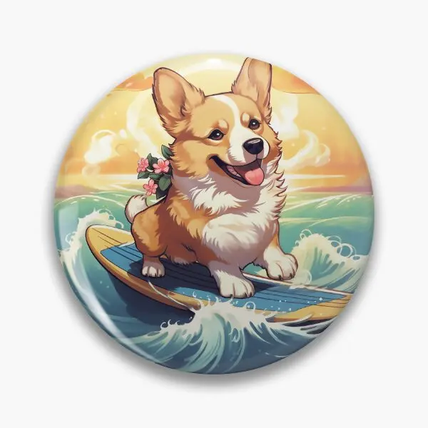 Surfing Corgi Pup  Soft Button Pin Gift Creative Brooch Lover Decor Fashion Metal Jewelry Cartoon Funny Collar Women Hat Cute