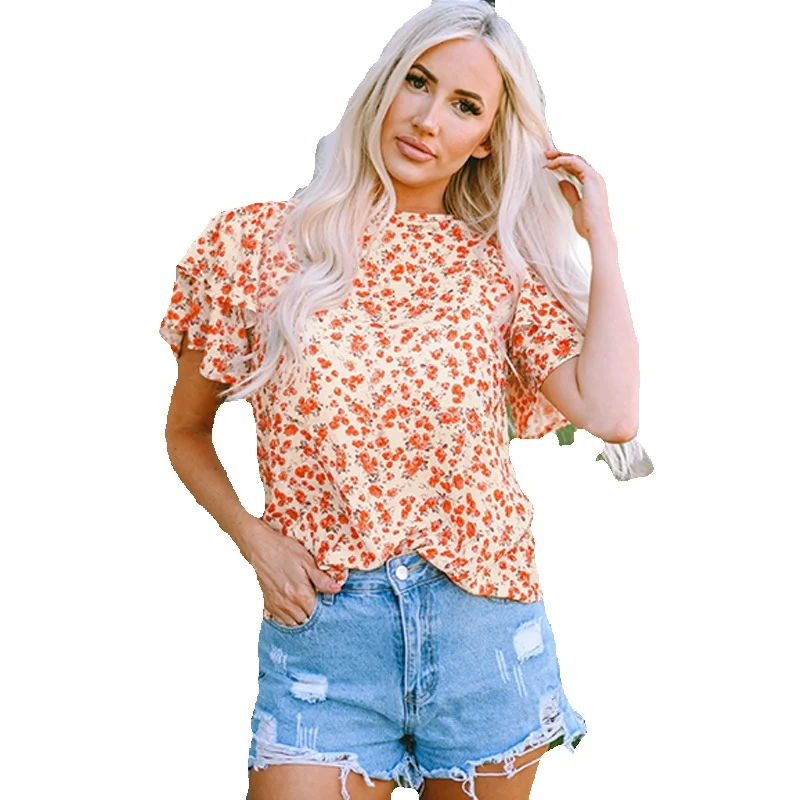 

Casual Floral Lotus Leaf Sleeved Chiffon Shirt For Women, New Summer Pullover Round Neck Top Straight