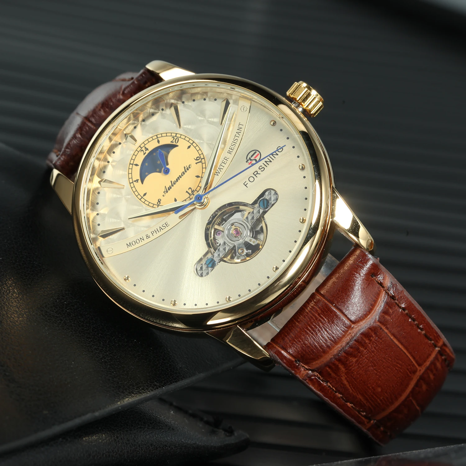 Forsining Luxury Gold Automatic Watch for Men Moon Phase Retro Brown Genuine Leather Belt Tourbillon Skeleton Mechanical Watches