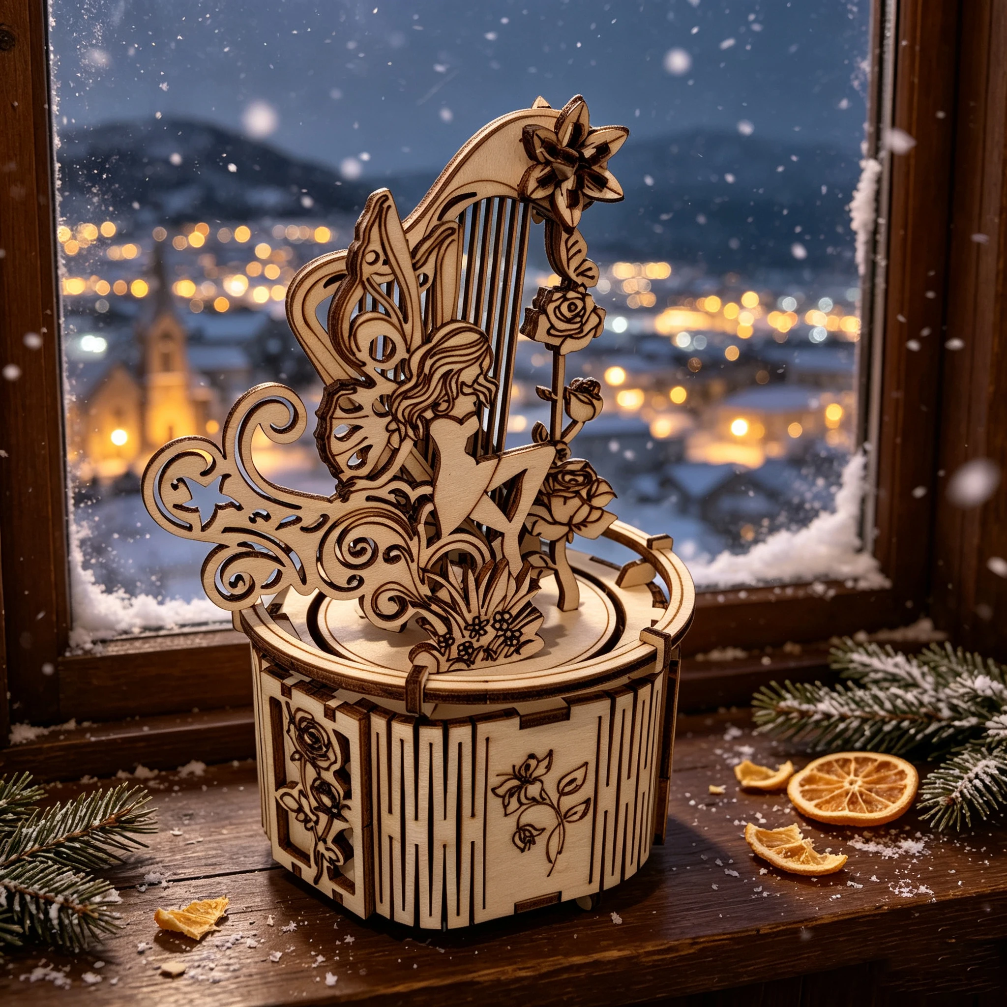 Vintage Carved Wooden Rotating Music Box Fairy Harp Design 3D Puzzle Assembly Musical Box Romantic Gift For Girlfriend