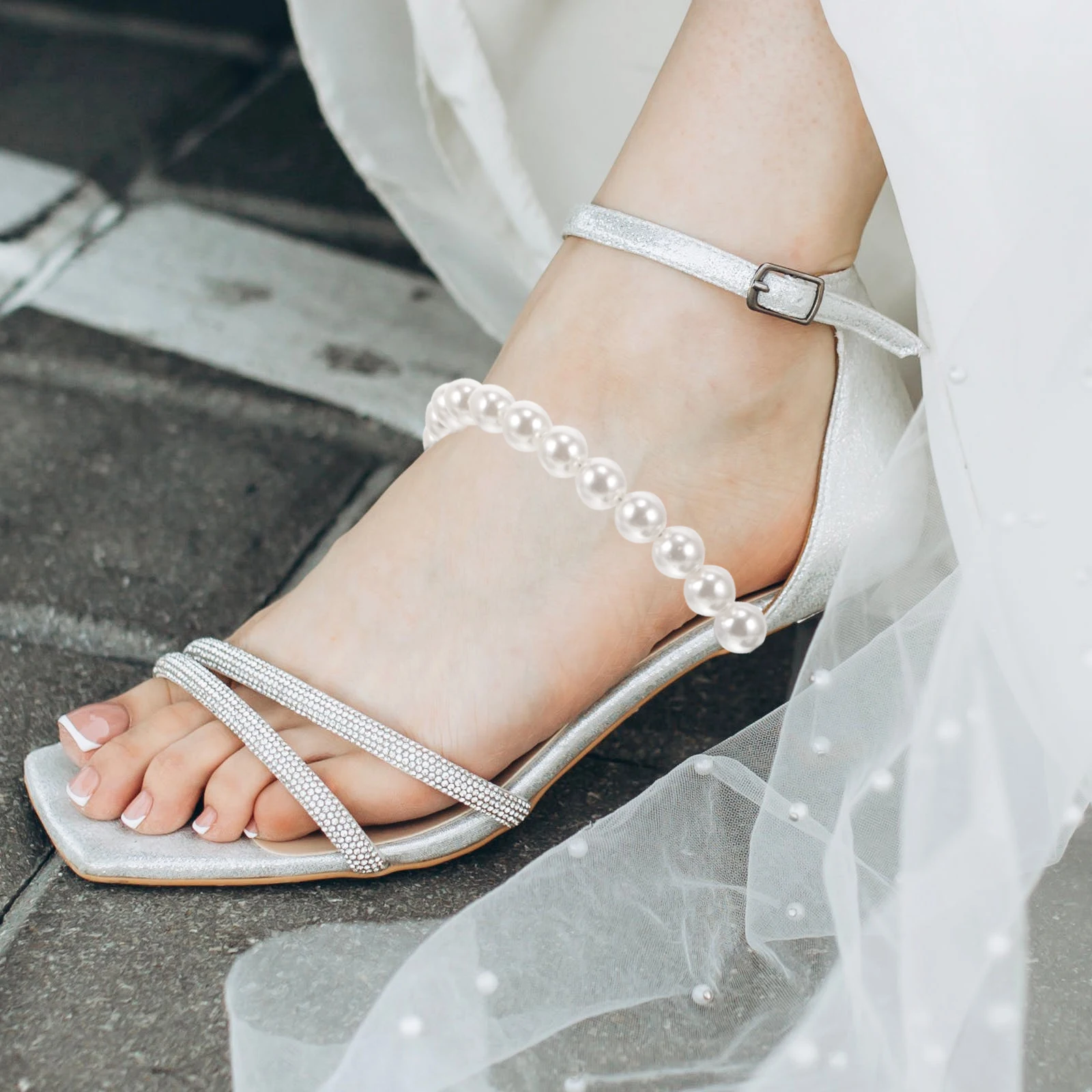 

2pcs Heel Shoe Women Pearls Ankle Straps Replacement Metal Detachable High Heel Straps Decorative Secure Fit Elegant Sandal