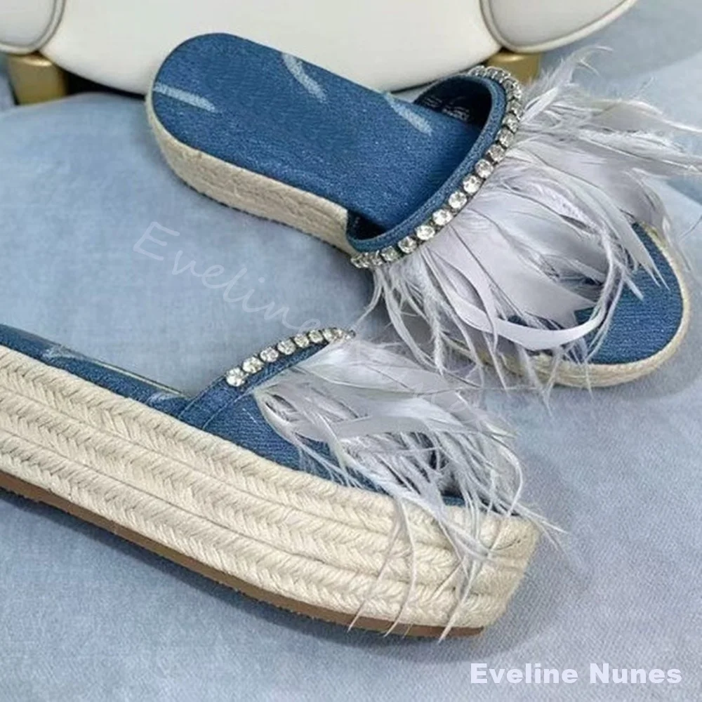 

Rhinestone Feather Denim Slides Women Summer New Platform One Word Belt Blue Straw Slippers 2026 Fashion Design Sandals