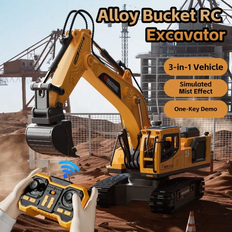 

16CH RC Excavator, Construction Toy with Metal Shovel, Light & Smoke, Gift for Kids 3-12 Years Old
