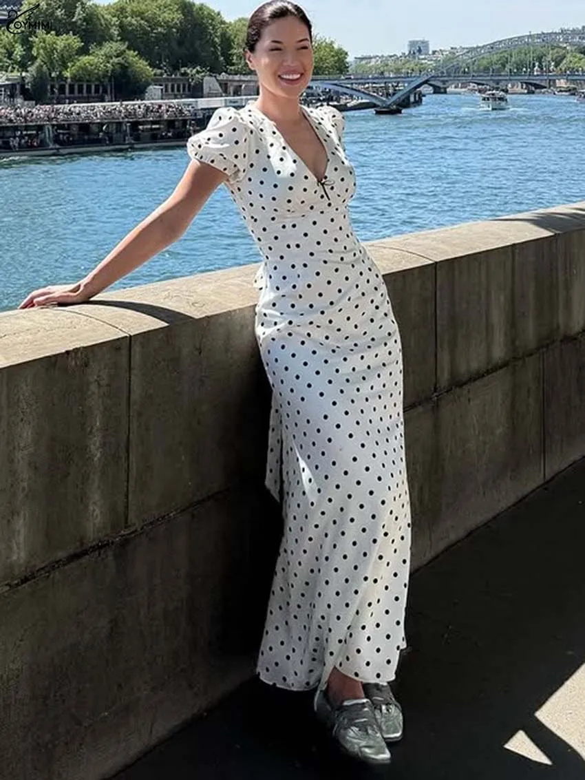 Oymimi Elegant White Print Womens Dresses Fashion Deep V-Neck Short Sleeve Bow Dresses Autumn Straight Ankle-Length Dress Female - Detail 1