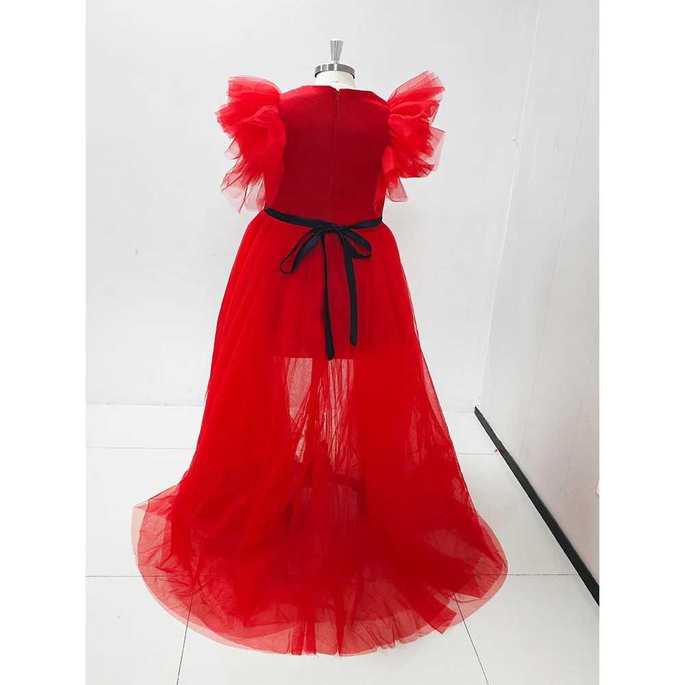 Gaun Prom acara Formal tanpa lengan merah panas High Low Tulle Deep V-neck gaun malam Tutu panjang ruffle pesta Formal 2023