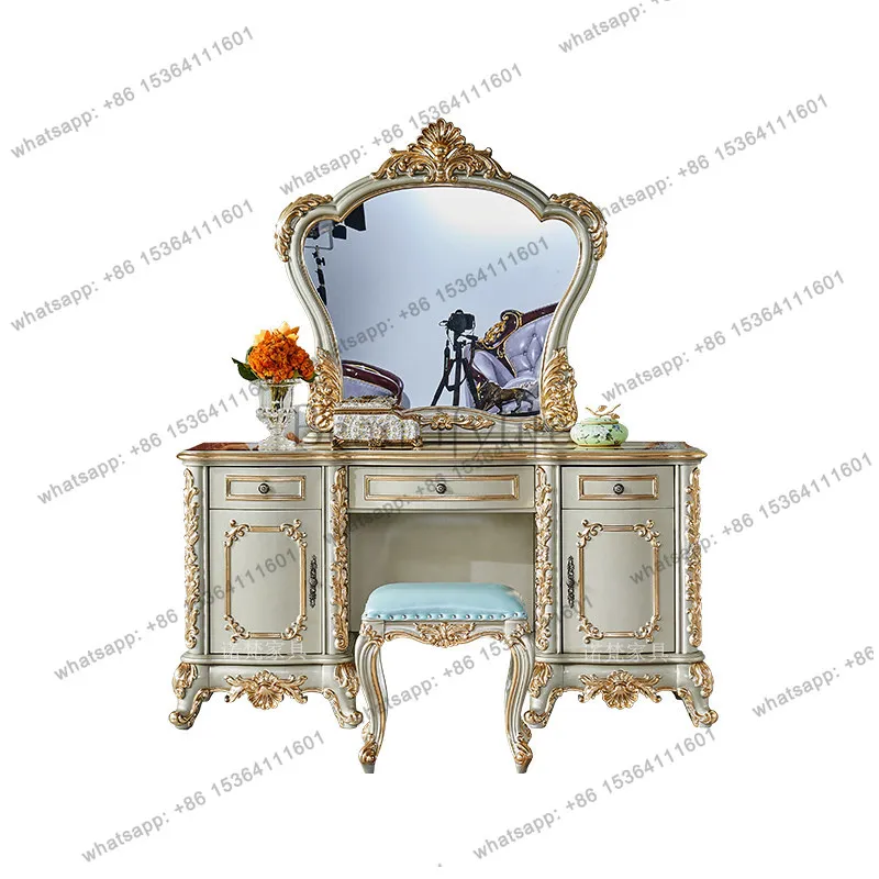 

European solid wood dresser villa luxury gold high-end carved princess makeup table and chairs combination