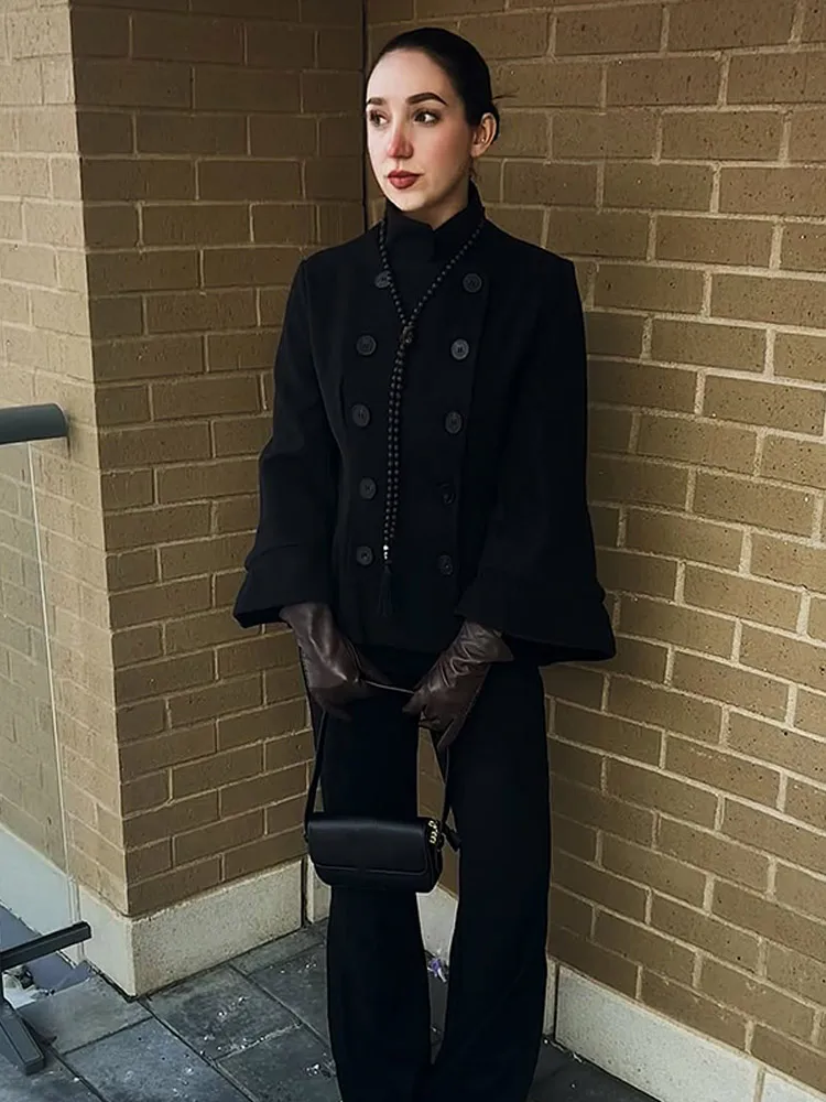 

Double-breasted Black Cloak Woolen Coat Women Stand Collar Long Sleeve Loose Cropped Jacket 2025 Autumn Lady Chic Street Outwear