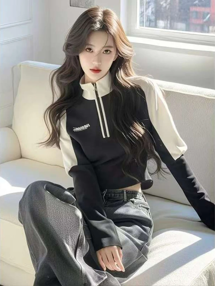 Unique couleur ample contraste lettre col montant à capuche femmes Design sens de Niche Super joli haut cousu demi-fermeture éclair