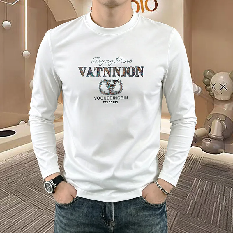Men Crew Neck Long Sleeve T-Shirt Letter V Print Soft High Quality Fabric Versatile Comfortable Basic Undershirt Male Daily Top