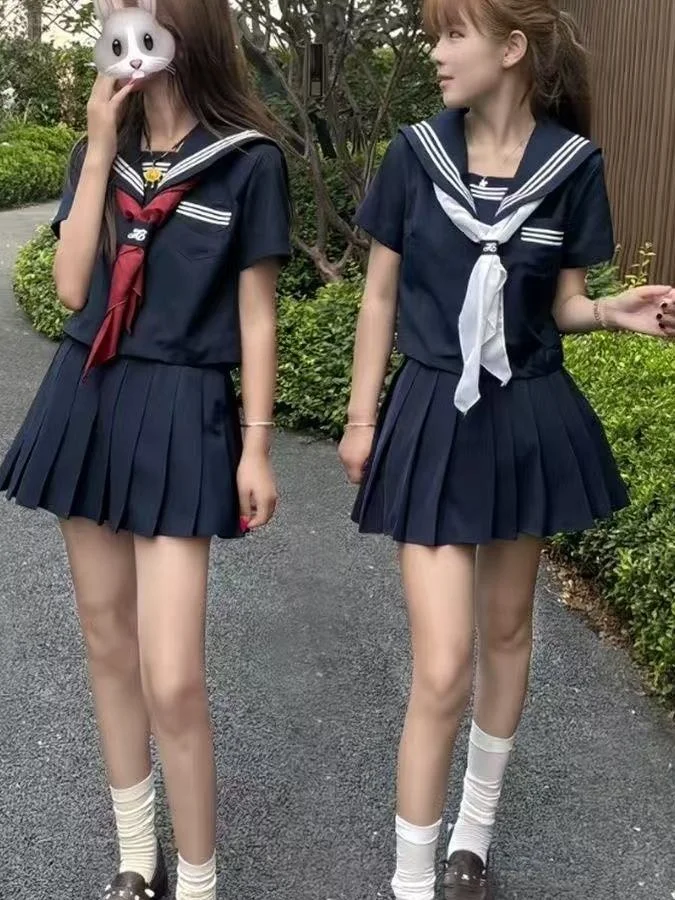 Original Jk Uniform School Style Sailor Suit Set Women's Short Sleeve Top And Pleated Skirt Outfit Breathable Summer Fashion