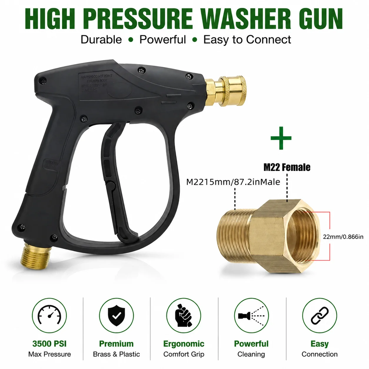 Kit de nettoyage haute pression : pistolet pulvérisateur à connexion rapide 1/4" avec adaptateur en laiton M22-15 pour le lavage de voitures
