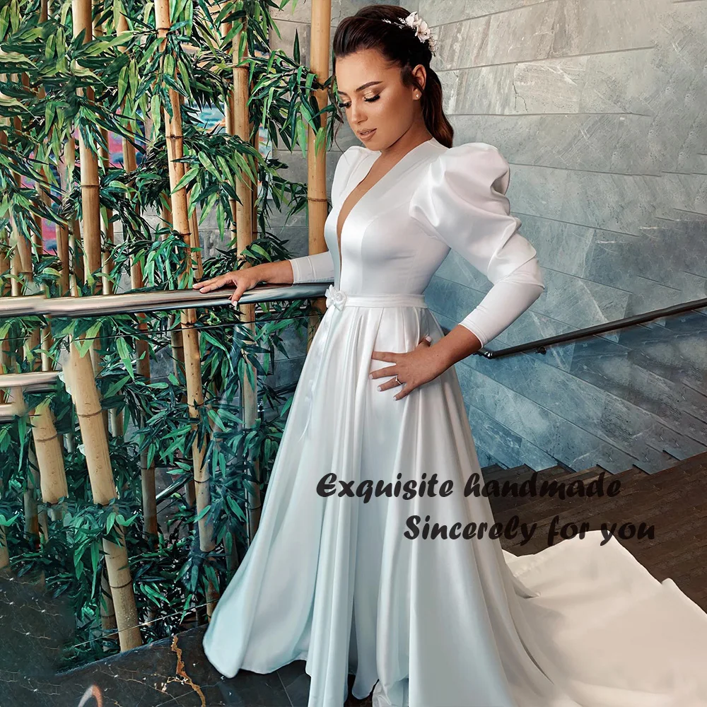 

White Satin A Line Wedding Dresses Long Sleeeve V Neck Women Wedding Guest Dress Plus Size Civil Wedding Gowns for Mother