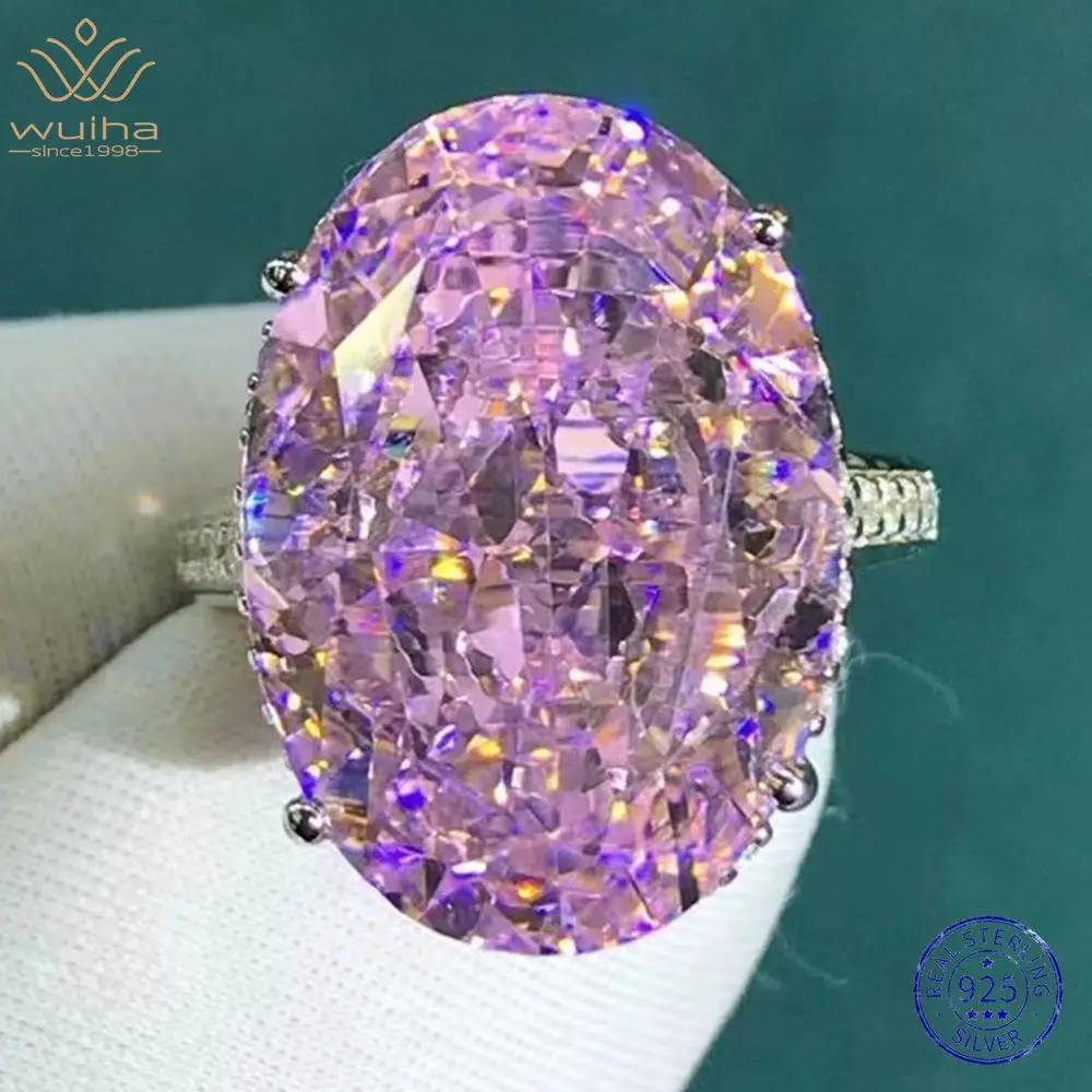 

WUIHA Real 925 Sterling Silver Crushed Ice Oval Cut 30CT VVS1 Pink Sapphire Synthetic Moissanite Ring for Women Drop Shipping