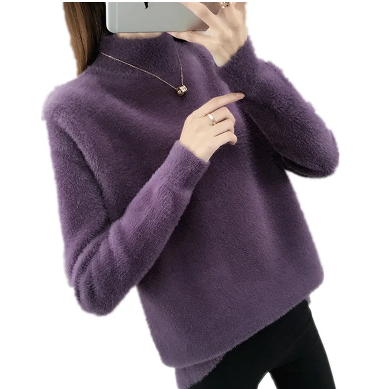 2024 Autumn And Winter New Semi High Neck Base Imitation Mink Fur Pullover Knitted Ins Warm Sweater For Women