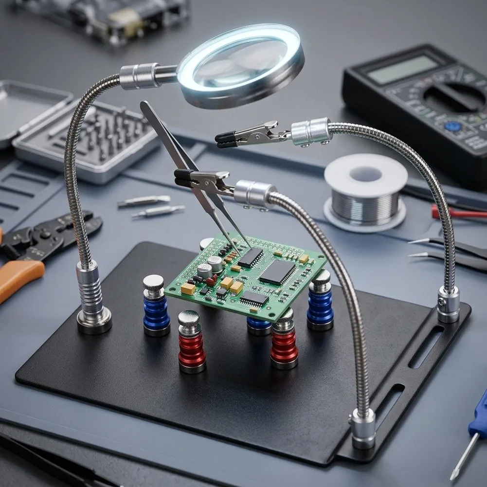 Flexible Magnetic Helping Hands Tool with Clear Magnifying Glass for Soldering Repair and Craft Applications Flexible