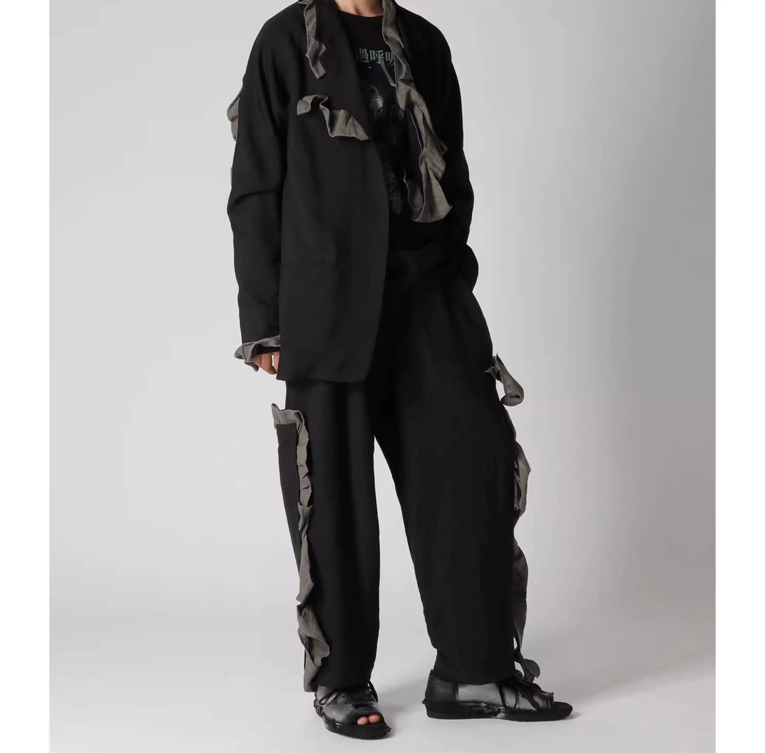 

FANDISHI Men's Casual Trousers Asymmetrical Color Block Pleated Design Black Grey Split Men's Long Pants