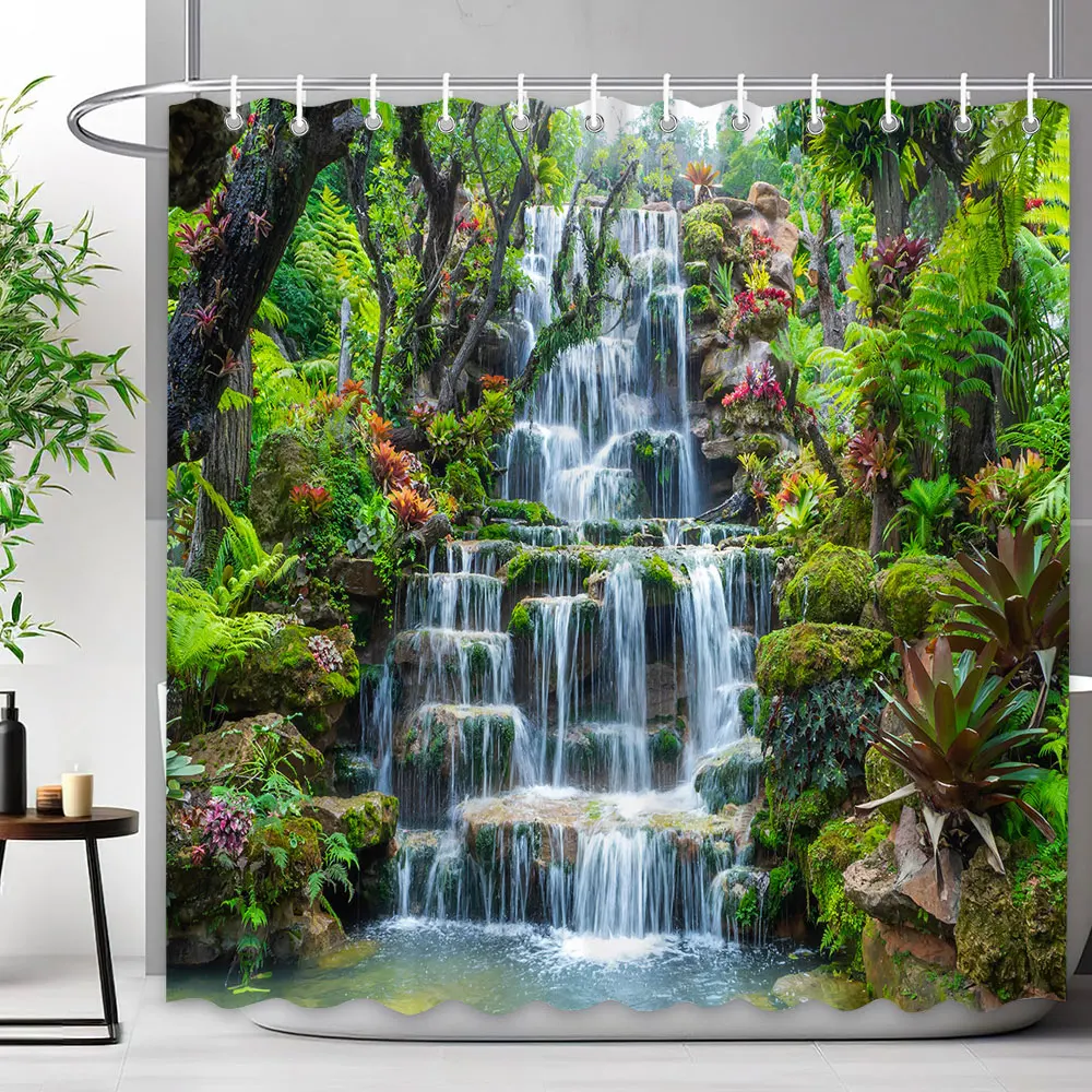 Rideau de douche en tissu polyester, paysage de cascade, paysage naturel, forêt tropicale, extérieur, scénique, HODeco