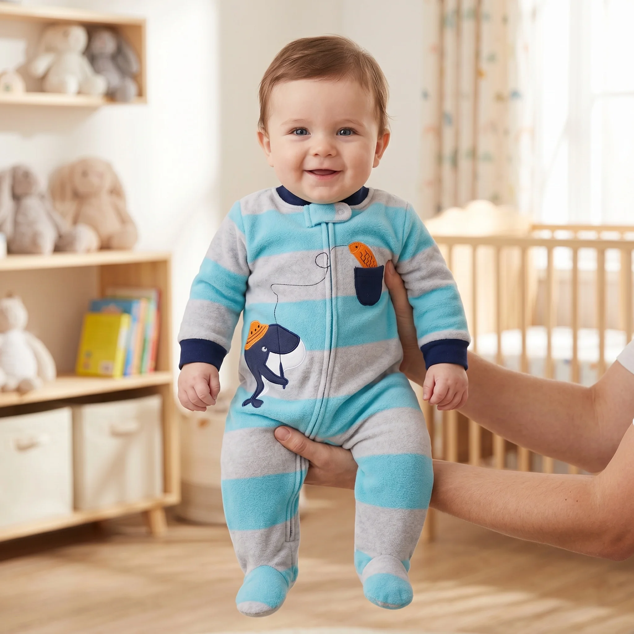Baby-Strampler für Jungen aus Polar-Fleece mit Füßlingen, gestreift, mit Cartoon-Motiv, süßer Tierstickerei, Reißverschluss, für Herbst und Winter, warme Babykleidung, 3–9 Monate. – Detail 4