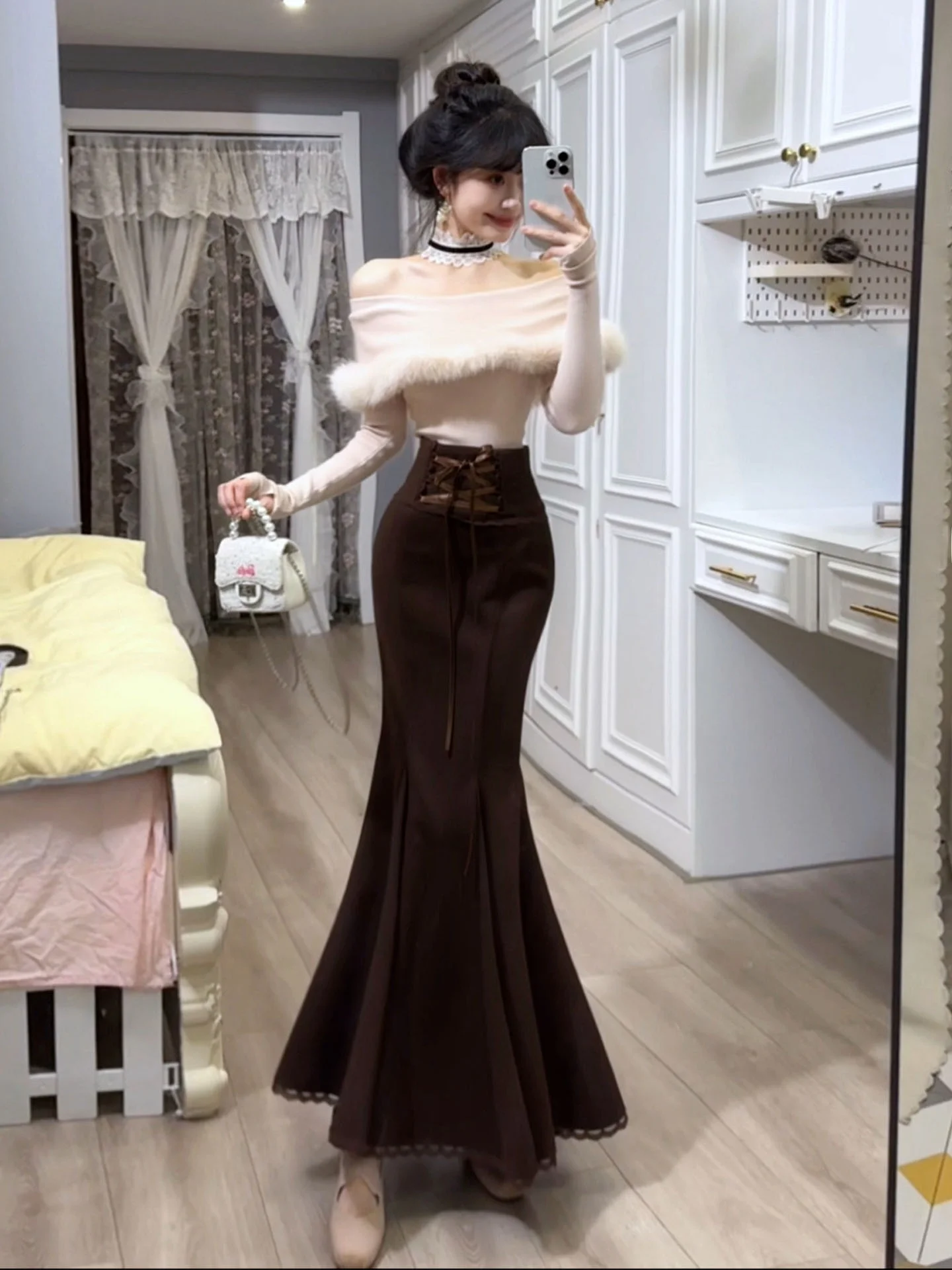 Keni plus Size Sweater One Shoulder Fish Tail High Waist Waist Inward Half Skirt Women's Winter Clothes Korean Style Long Sleeve