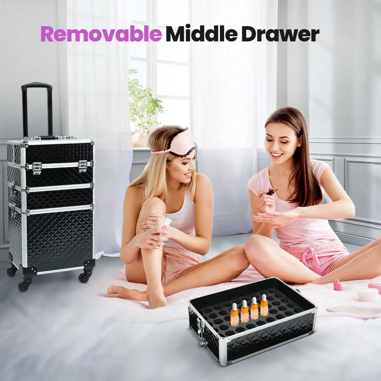 3 In 1 Rolling Makeup Train Case, Vintage Black Professional Cosmetic Trolley with Large Storage, Lock & Swivel Wheels, Portable Salon Cart for Makeup Artists, Hairstylists & Nail Tech, Travel & Vanity Essential for Women view 4