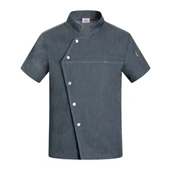 Veste de chef grise à manches courtes, uniforme de chef pour hommes et femmes, uniformes de cuisine et de restaurant, chemises d'été, manteau de cuisinier, vêtements de ceinture