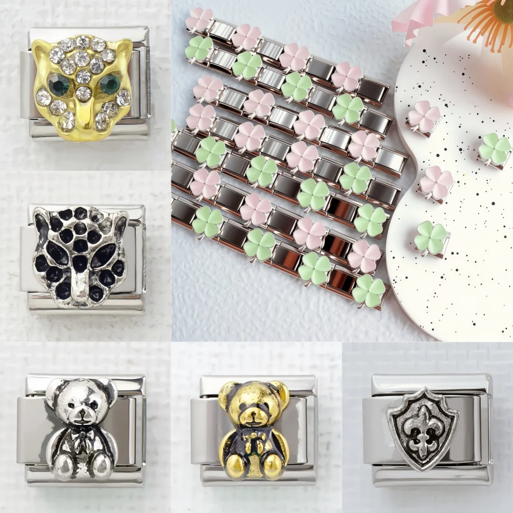 Neues Tiger-Bär-Kleeblatt Italienisches Charm-Armband Modul 9mm Edelstahl-Armband für Herren und Damen DIY Schmuck Großhandel