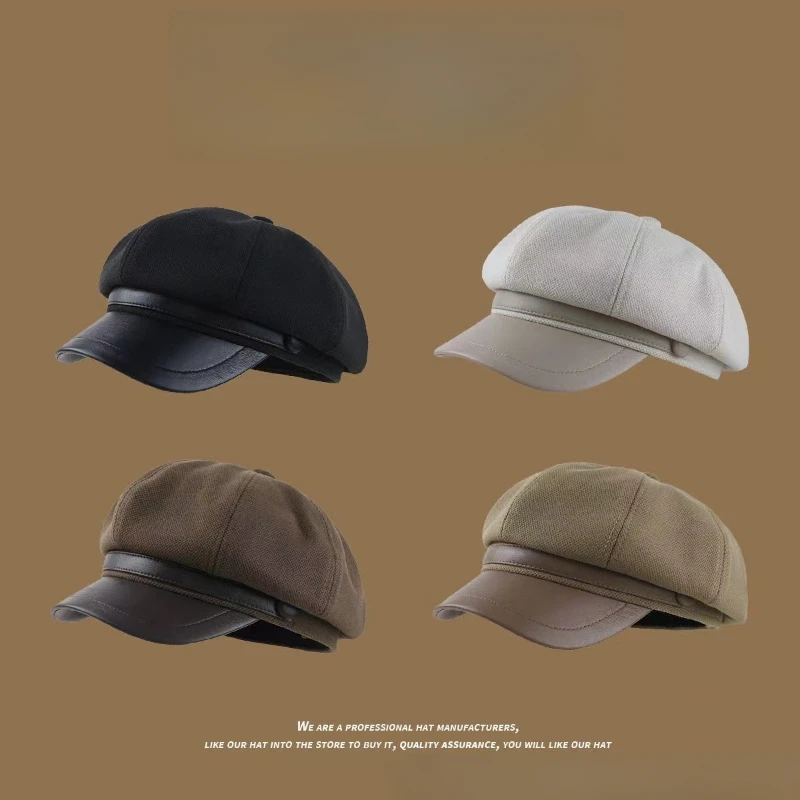 

Classic Retro Maillard Woolen Octagonal Hat Painter's Hat Beilei Hat Versatile Leather Duckbill Hat