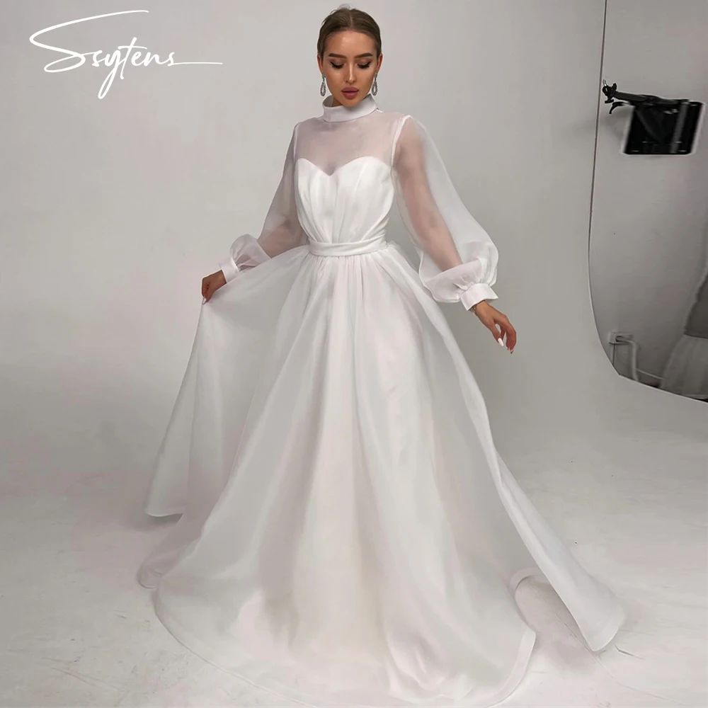 Ssytens uma linha vestidos de casamento mangas completas vestido de novia longo vestido de noiva vestidos de princesa vestido de noiva alta pescoço feito sob encomenda