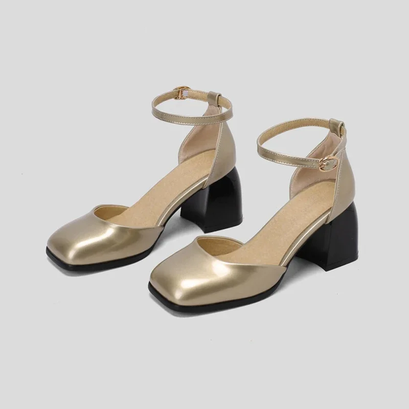 ASHIOFU جديد رائجة البيع السيدات حذاء بكعب سميك مضخات الكاحل حزام ثلاثة ألوان أحذية الصيف حجم كبير 35-47 مساء موضة أحذية الحفلة الراقصة