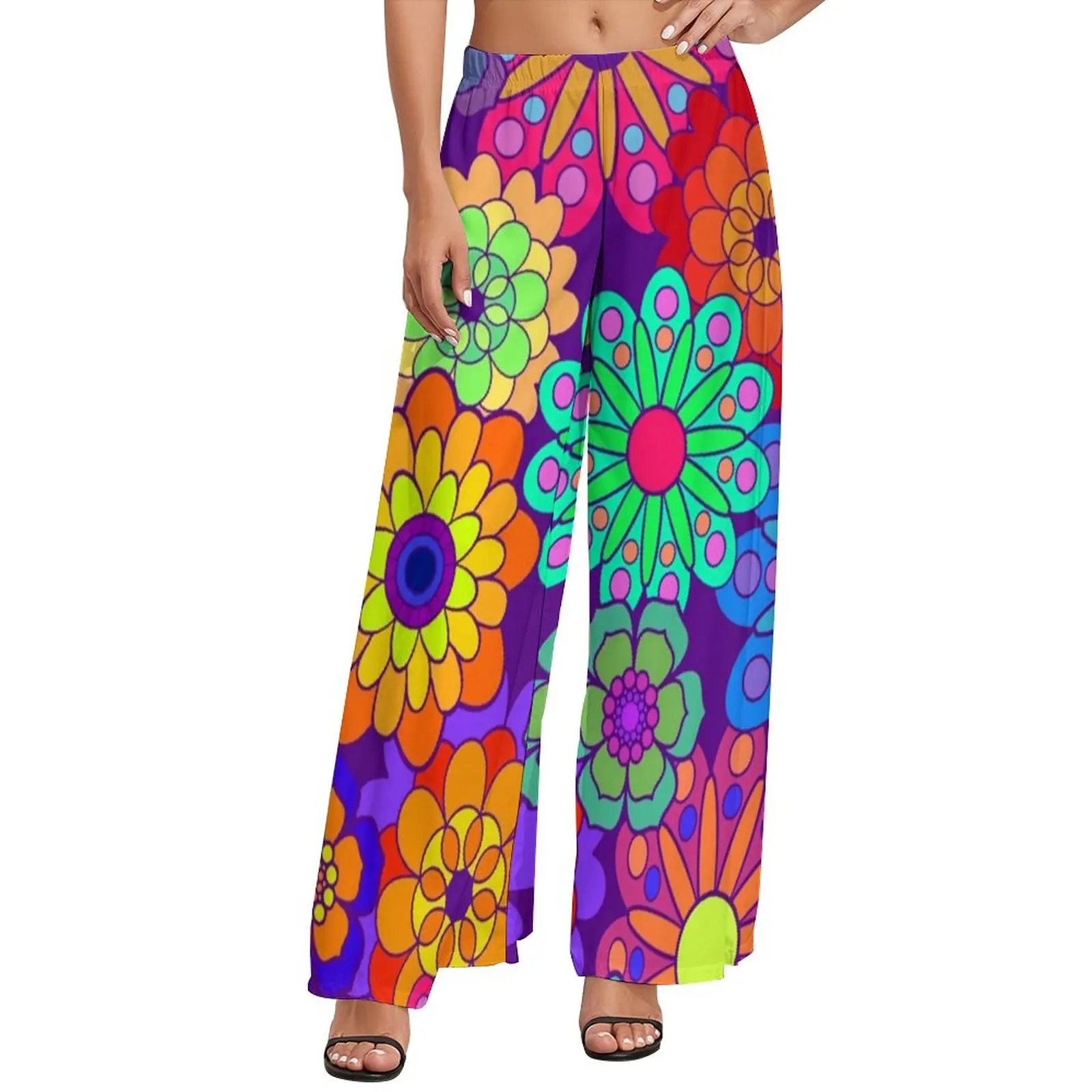 70S Flower Power Pants Retro Hippy Print Home Wide Leg Pants Ladies Oversize Streetwear Graphic Straight Trousers