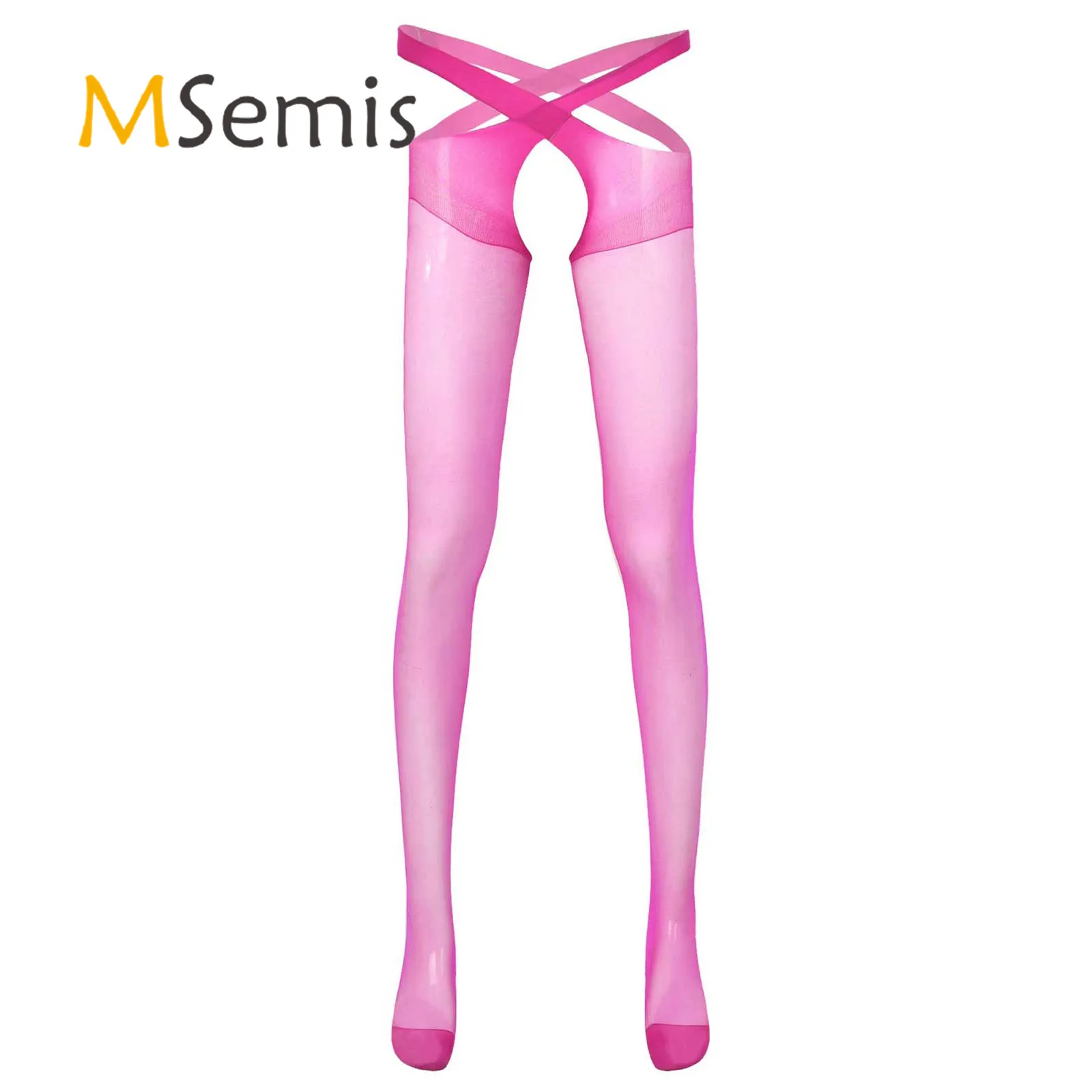 MSemis Men's Socks See-through Underwear Thin Pantyhose Hollow Out Crotch Stretchy Cross Tights Lingerie Open Butt Stockings