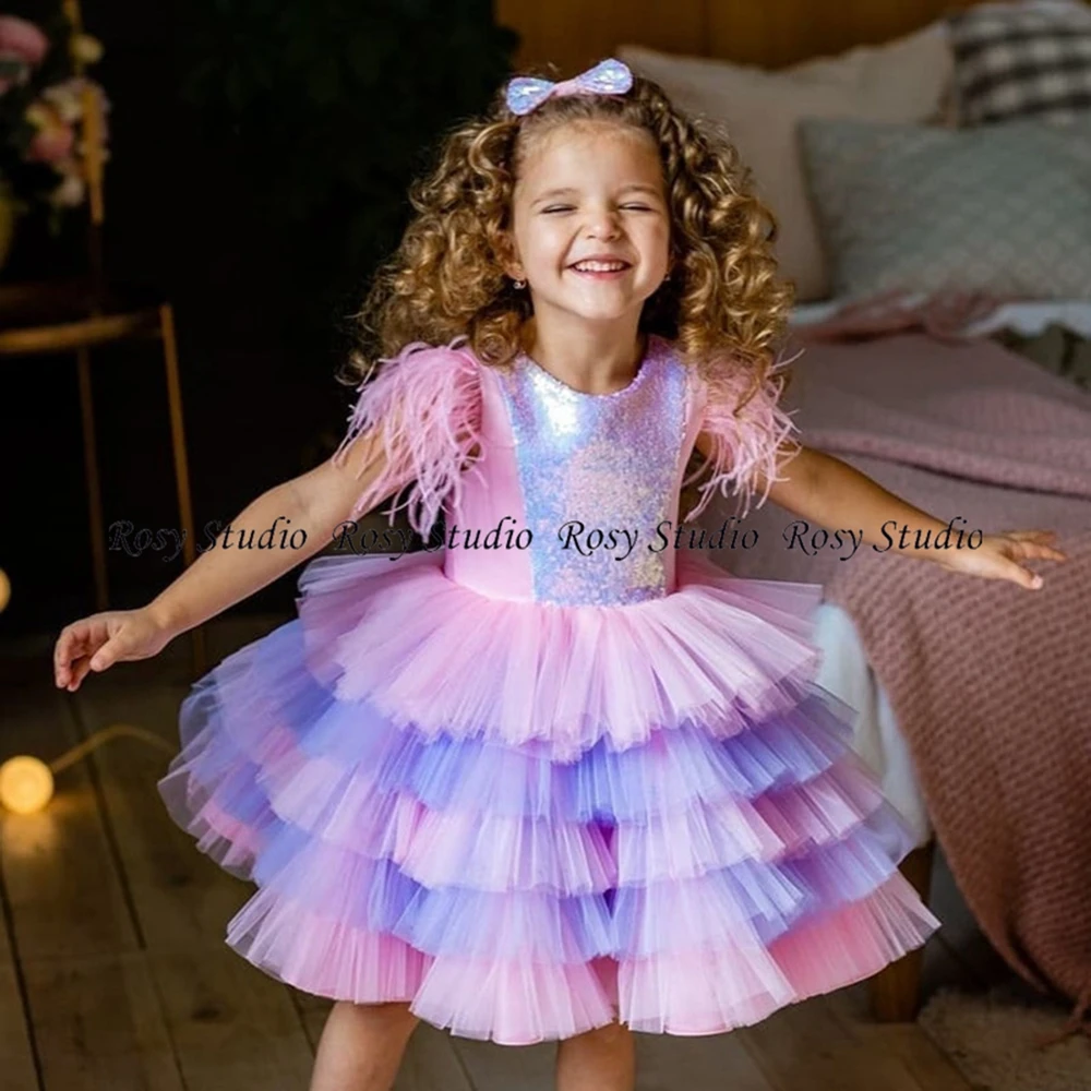 Cute Multi-Colored Flower Girl Dresses Feather Tiered Skirt Knee Length Holy Communion Gown A-line Kids  Vestidos Niña