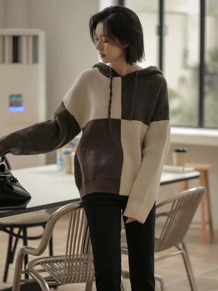 100% pure cashmere hooded color matching sweater women's loose casual bottoming hoodie in autumn and winter