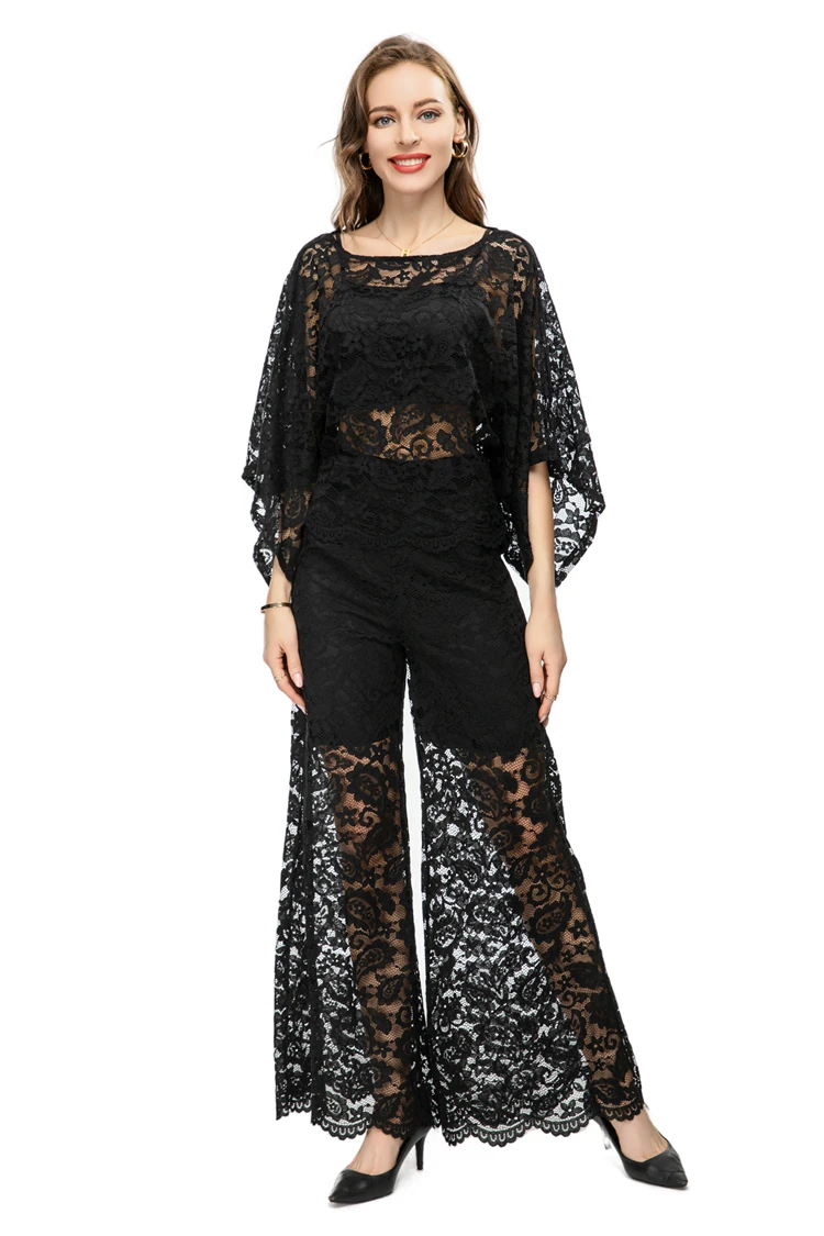 Women's Three Piece Pants Sets O Neck Bat Wing Sleeves Blouse with Wide Leg Pant Fashion Twinsets