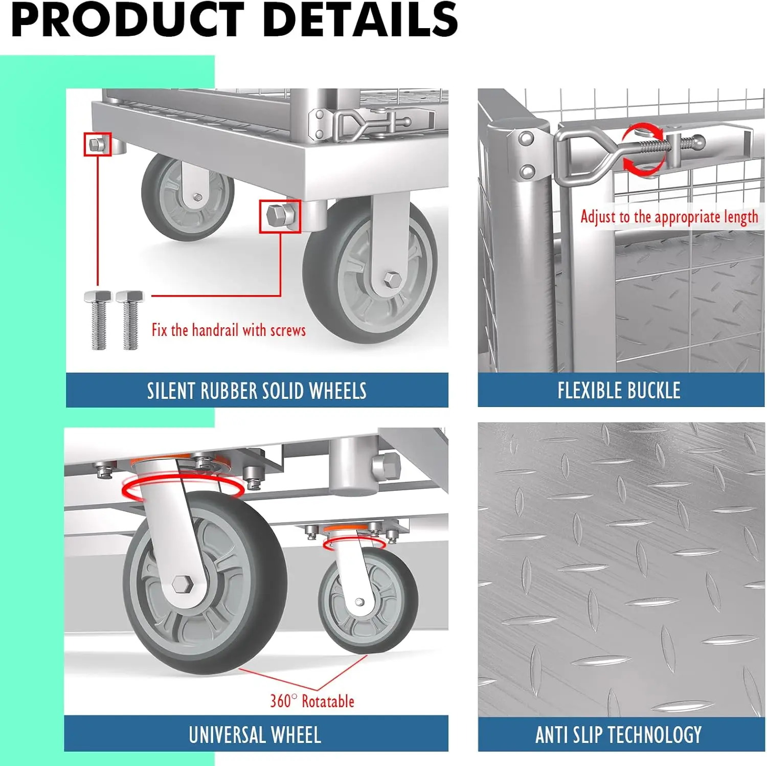 4-in-1 Platform Truck Cart with Cage, Multi-Purpose Heavy Duty Steel Flatbed Cart with 2200lbs Capacity Platform Hand Truck 6" W