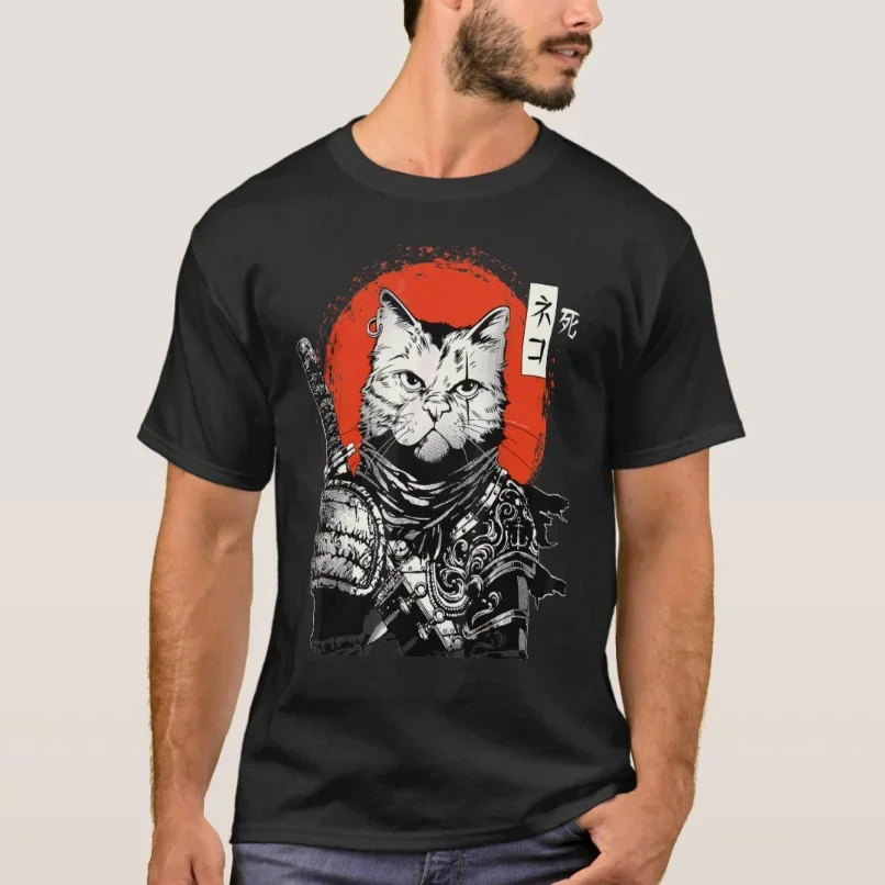 Ronin Samurai Cat with Katana T-Shirt New 100% Cotton Short Sleeve O-Neck Harajuku Casual Mens T-shirt Streetwear