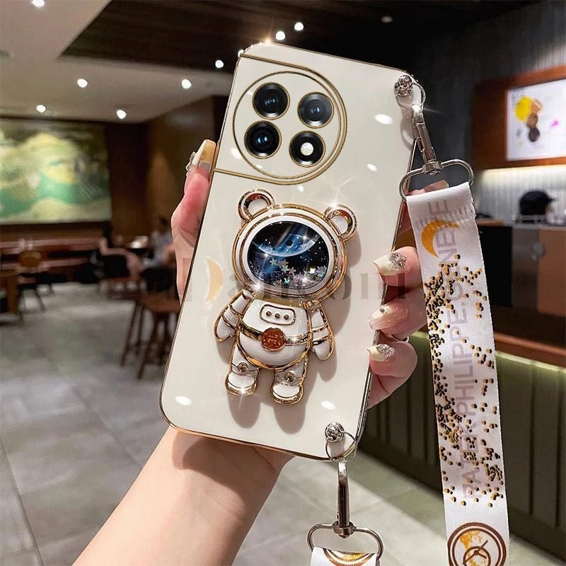 Quicksand Astronaut Lanyard Plating Phone Holder Case For Oneplus 11 11R 9 9R 9RT 10R 10T 10 Pro 8T Cover