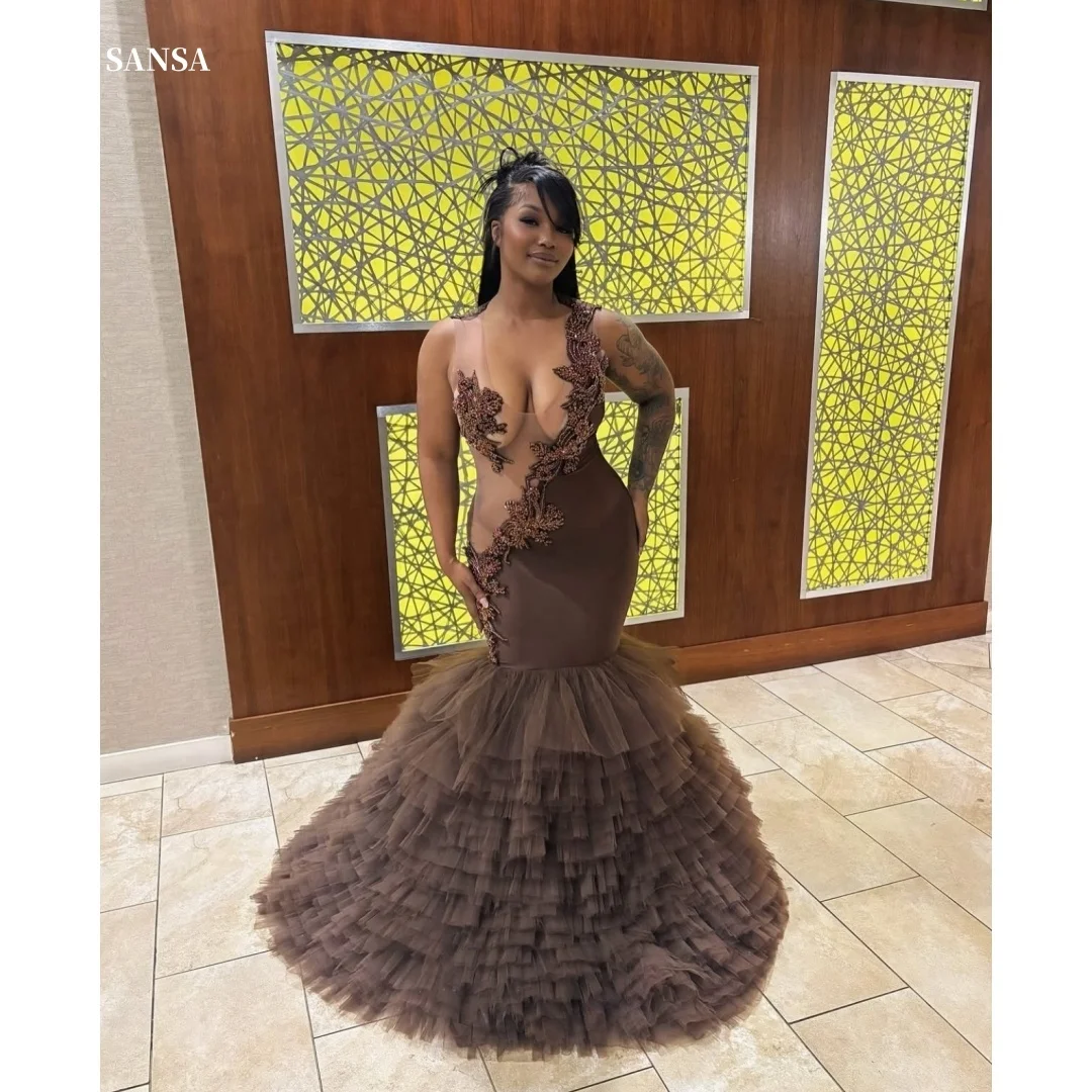 

Sansa Customized Brown Flowers Embroidery Prom Dresses Spaghetti Strap فساتين للمناسبات الخاصة Strapless vestidos de festa 2025
