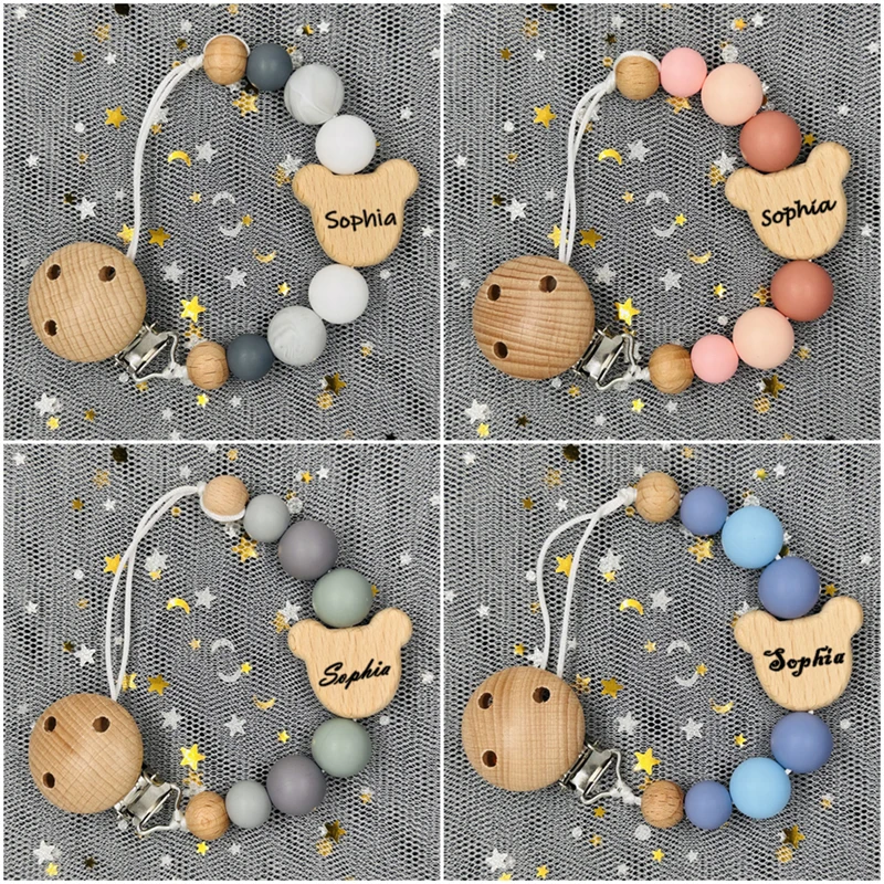 Custom Name Wood Personalized Baby Pacifier Chain Clip Silicone Bead Dummy Nipple Holder With Name Teether Pendant Newborn Gift