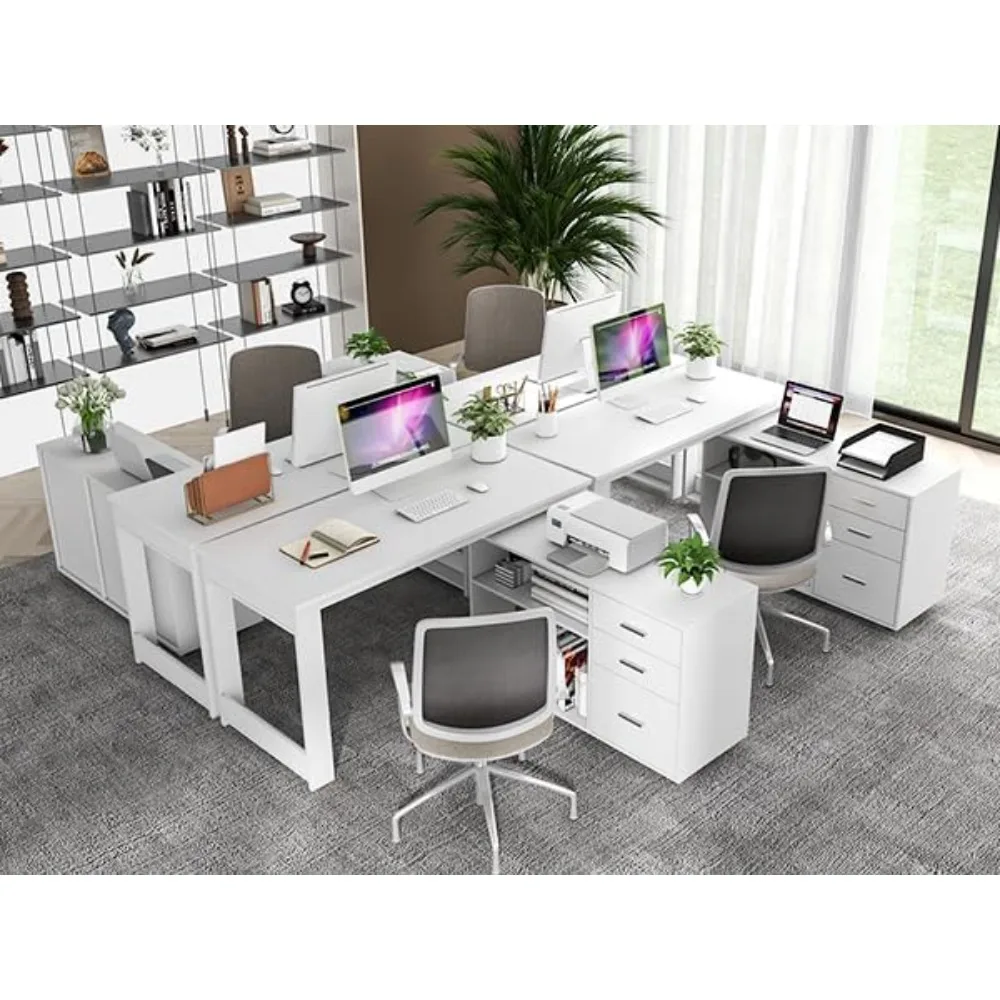 White L Shaped Desk with Drawers, Corner Desk with 3 Drawers and 2 Shelve, Executive Office Desks.