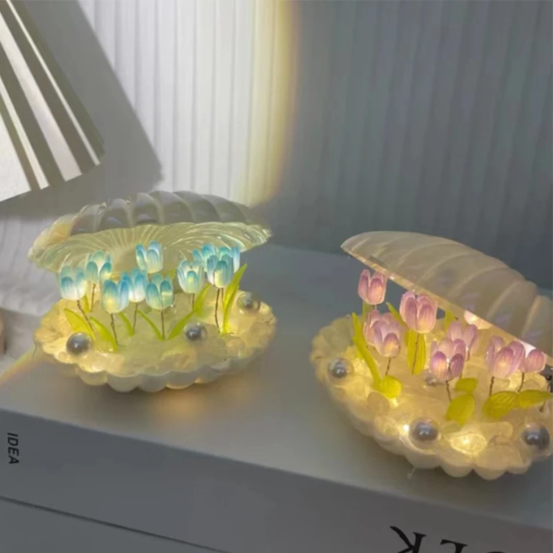 Shell TULIP Night โคมไฟทําด้วยมือ DIY Home Decor ห้องนอนบรรยากาศสาวของขวัญวันเกิดวันวาเลนไทน์
